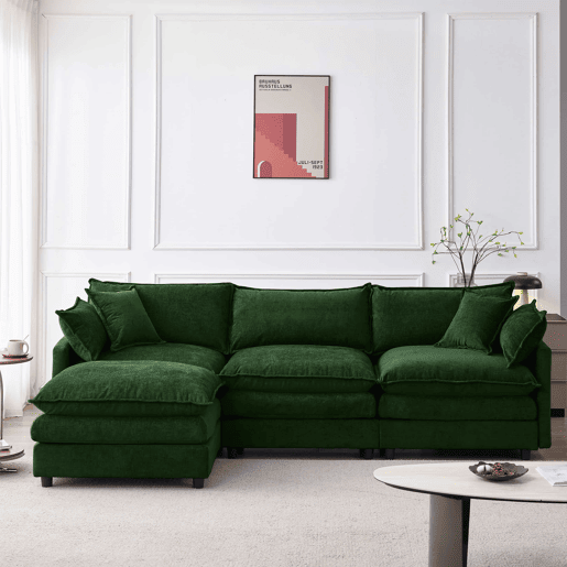 Sofá de canto modular de 3 lugares - chenille com chaise longue e pufe, sofá em L para espaços pequenos, sala de estar e lounge, conforto familiar e respirável - verde