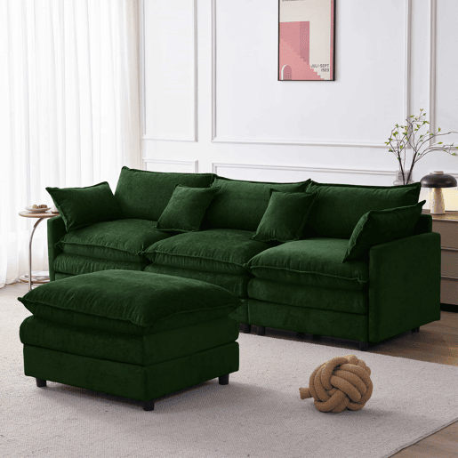 Sofá de canto modular de 3 lugares - chenille com chaise longue e pufe, sofá em L para espaços pequenos, sala de estar e lounge, conforto familiar e respirável - verde