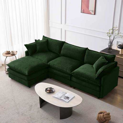 Sofá de canto modular de 3 lugares - chenille com chaise longue e pufe, sofá em L para espaços pequenos, sala de estar e lounge, conforto familiar e respirável - verde