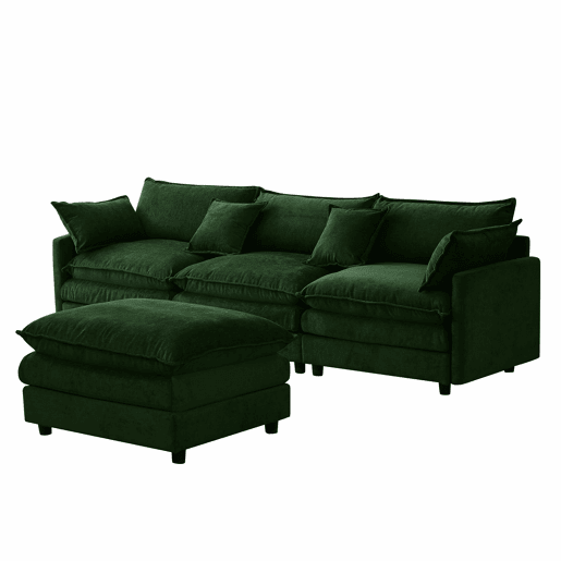 Sofá de canto modular de 3 lugares - chenille com chaise longue e pufe, sofá em L para espaços pequenos, sala de estar e lounge, conforto familiar e respirável - verde