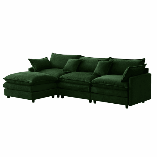 Sofá de canto modular de 3 lugares - chenille com chaise longue e pufe, sofá em L para espaços pequenos, sala de estar e lounge, conforto familiar e respirável - verde