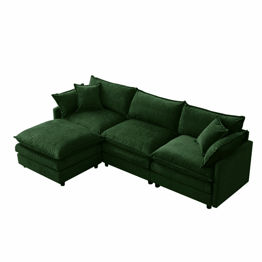 Sofá de canto modular de 3 lugares - chenille com chaise longue e pufe, sofá em L para espaços pequenos, sala de estar e lounge, conforto familiar e respirável - verde