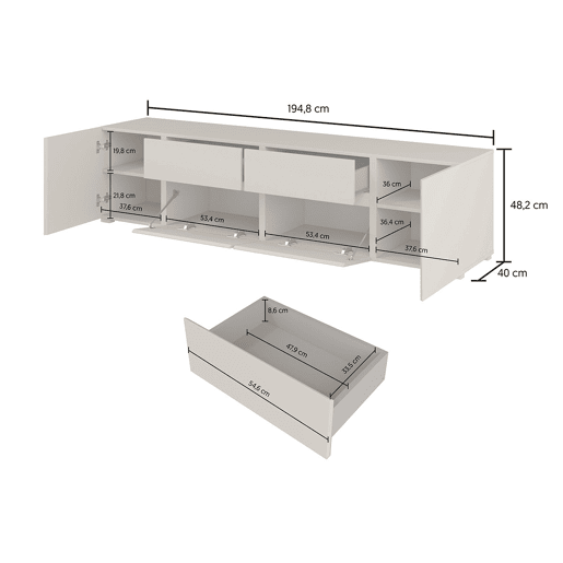 Móvel TV 4 portas 2 gavetas 195 cm Maxis Cachemire