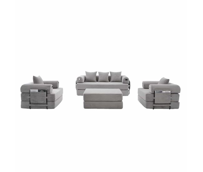 Sofá modular 4 plazas - incluye pouf, estructura metálica, 4 cojines, almacenamiento lateral - color gris claro