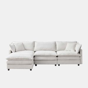 Sofá modular de canto de 3 lugares u2013 com chaise longue e pufe, sofá em L confortável em chenille premium para a sala de estar e espaços pequenos u2013 bege