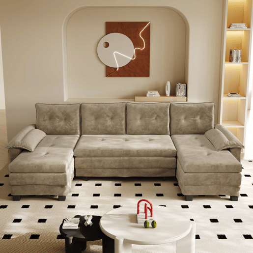 Sofá seccional de 4 lugares, 278 cm - sofá em U convertível com cama extraível, porta USB, braços removíveis, design modular extragrande e moderno - cor camelo Sofá seccional de 4 lugares, 278 cm - sofá em U convertível com cama extraível, porta USB, braços removíveis, design modular extragrande e moderno - cor camelo