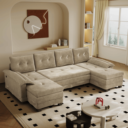 Sofá seccional de 4 lugares, 278 cm - sofá em U convertível com cama extraível, porta USB, braços removíveis, design modular extragrande e moderno - cor camelo Sofá seccional de 4 lugares, 278 cm - sofá em U convertível com cama extraível, porta USB, braços removíveis, design modular extragrande e moderno - cor camelo