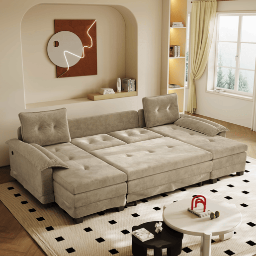 Sofá seccional de 4 lugares, 278 cm - sofá em U convertível com cama extraível, porta USB, braços removíveis, design modular extragrande e moderno - cor camelo Sofá seccional de 4 lugares, 278 cm - sofá em U convertível com cama extraível, porta USB, braços removíveis, design modular extragrande e moderno - cor camelo