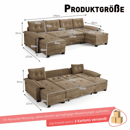 Sofá seccional de 4 lugares, 278 cm - sofá em U convertível com cama extraível, porta USB, braços removíveis, design modular extragrande e moderno - cor camelo Sofá seccional de 4 lugares, 278 cm - sofá em U convertível com cama extraível, porta USB, braços removíveis, design modular extragrande e moderno - cor camelo