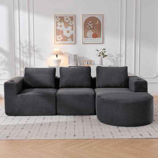 Sofá de 3 lugares com 258 cm - compacto, com 3 almofadas, suportes para copos e confortável - cinzento escuro Sofá de 3 lugares com 258 cm - compacto, com 3 almofadas, suportes para copos e confortável - cinzento escuro