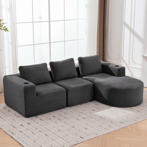 Sofá de 3 lugares com 258 cm - compacto, com 3 almofadas, suportes para copos e confortável - cinzento escuro Sofá de 3 lugares com 258 cm - compacto, com 3 almofadas, suportes para copos e confortável - cinzento escuro