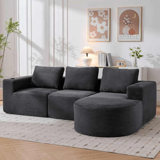 Sofá de 3 lugares com 258 cm - compacto, com 3 almofadas, suportes para copos e confortável - cinzento escuro Sofá de 3 lugares com 258 cm - compacto, com 3 almofadas, suportes para copos e confortável - cinzento escuro