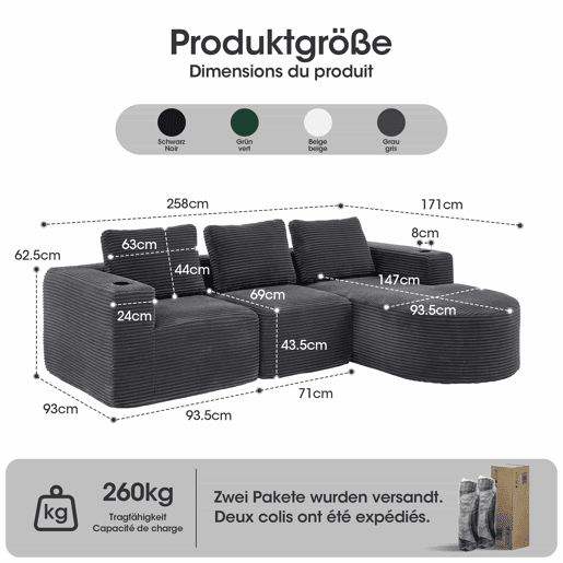 Sofá de 3 lugares com 258 cm - compacto, com 3 almofadas, suportes para copos e confortável - cinzento escuro Sofá de 3 lugares com 258 cm - compacto, com 3 almofadas, suportes para copos e confortável - cinzento escuro