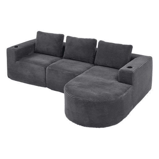 Sofá de 3 lugares com 258 cm - compacto, com 3 almofadas, suportes para copos e confortável - cinzento escuro Sofá de 3 lugares com 258 cm - compacto, com 3 almofadas, suportes para copos e confortável - cinzento escuro