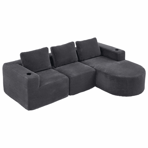 Sofá de 3 lugares com 258 cm - compacto, com 3 almofadas, suportes para copos e confortável - cinzento escuro Sofá de 3 lugares com 258 cm - compacto, com 3 almofadas, suportes para copos e confortável - cinzento escuro
