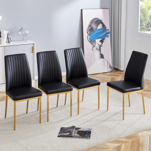 Cadeira de sala de jantar 4 unidades - PU preto, pernas metálicas douradas - design elegante Preto+Dourado