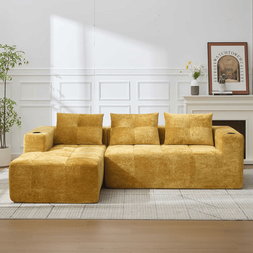 Sofá em L de 255 cm - clássico, minimalista e confortável, com 3 almofadas - amarelo Sofá em L de 255 cm - clássico, minimalista e confortável, com 3 almofadas - amarelo