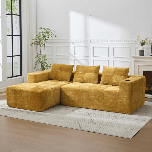Sofá em L de 255 cm - clássico, minimalista e confortável, com 3 almofadas - amarelo Sofá em L de 255 cm - clássico, minimalista e confortável, com 3 almofadas - amarelo