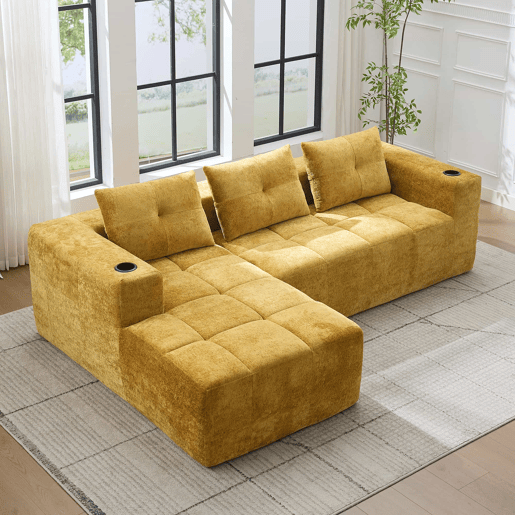 Sofá em L de 255 cm - clássico, minimalista e confortável, com 3 almofadas - amarelo Sofá em L de 255 cm - clássico, minimalista e confortável, com 3 almofadas - amarelo