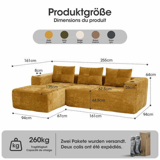 Sofá em L de 255 cm - clássico, minimalista e confortável, com 3 almofadas - amarelo Sofá em L de 255 cm - clássico, minimalista e confortável, com 3 almofadas - amarelo