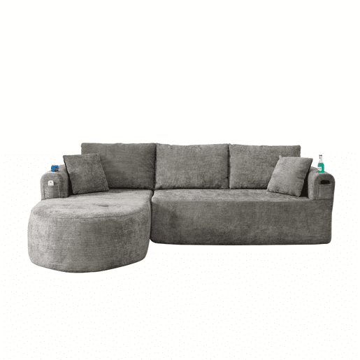 Sofá de canto em L de 3 lugares - Cloud Couch, sem montagem, com porta-copos em aço inoxidável resistente ao calor, capa em linho respirável e resistente, bolsos laterais e braços - Cinza Sofá de canto em L de 3 lugares - Cloud Couch, sem montagem, com porta-copos em aço inoxidável resistente ao calor, capa em linho respirável e resistente, bolsos laterais e braços - Cinza