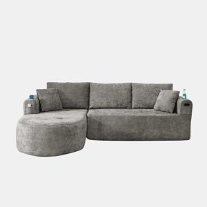 Sofá de canto em L de 3 lugares - Cloud Couch, sem montagem, com porta-copos em aço inoxidável resistente ao calor, capa em linho respirável e resistente, bolsos laterais e braços - Cinza