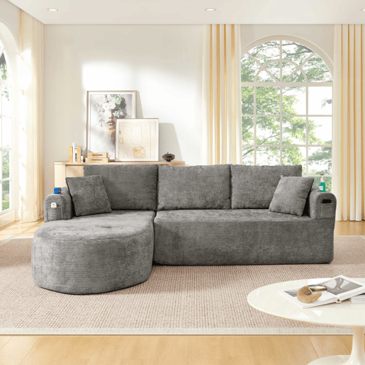 Sofá de canto em L de 3 lugares - Cloud Couch, sem montagem, com porta-copos em aço inoxidável resistente ao calor, capa em linho respirável e resistente, bolsos laterais e braços - Cinza Sofá de canto em L de 3 lugares - Cloud Couch, sem montagem, com porta-copos em aço inoxidável resistente ao calor, capa em linho respirável e resistente, bolsos laterais e braços - Cinza