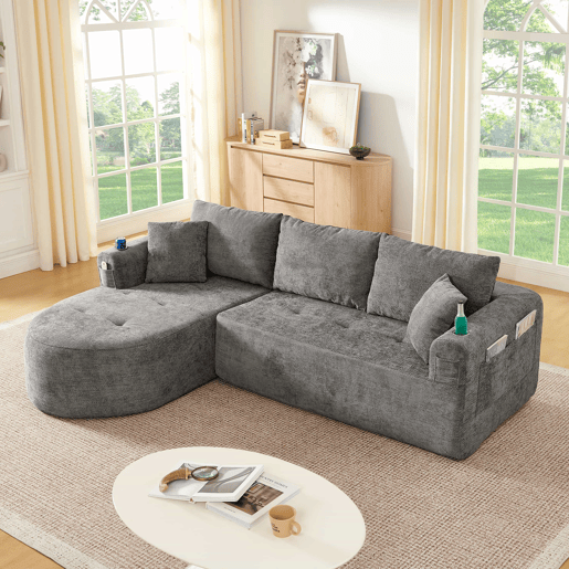 Sofá de canto em L de 3 lugares - Cloud Couch, sem montagem, com porta-copos em aço inoxidável resistente ao calor, capa em linho respirável e resistente, bolsos laterais e braços - Cinza Sofá de canto em L de 3 lugares - Cloud Couch, sem montagem, com porta-copos em aço inoxidável resistente ao calor, capa em linho respirável e resistente, bolsos laterais e braços - Cinza