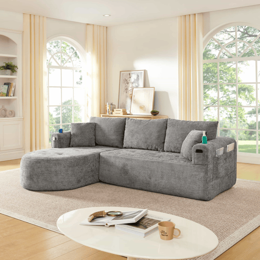 Sofá de canto em L de 3 lugares - Cloud Couch, sem montagem, com porta-copos em aço inoxidável resistente ao calor, capa em linho respirável e resistente, bolsos laterais e braços - Cinza Sofá de canto em L de 3 lugares - Cloud Couch, sem montagem, com porta-copos em aço inoxidável resistente ao calor, capa em linho respirável e resistente, bolsos laterais e braços - Cinza