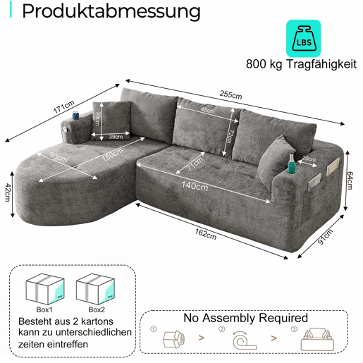 Sofá de canto em L de 3 lugares - Cloud Couch, sem montagem, com porta-copos em aço inoxidável resistente ao calor, capa em linho respirável e resistente, bolsos laterais e braços - Cinza Sofá de canto em L de 3 lugares - Cloud Couch, sem montagem, com porta-copos em aço inoxidável resistente ao calor, capa em linho respirável e resistente, bolsos laterais e braços - Cinza