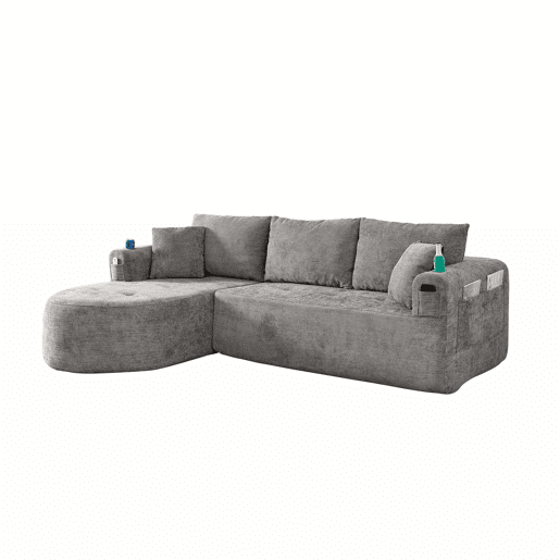 Sofá de canto em L de 3 lugares - Cloud Couch, sem montagem, com porta-copos em aço inoxidável resistente ao calor, capa em linho respirável e resistente, bolsos laterais e braços - Cinza Sofá de canto em L de 3 lugares - Cloud Couch, sem montagem, com porta-copos em aço inoxidável resistente ao calor, capa em linho respirável e resistente, bolsos laterais e braços - Cinza