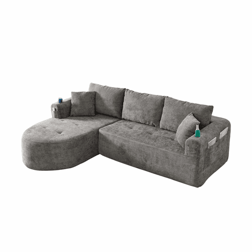 Sofá de canto em L de 3 lugares - Cloud Couch, sem montagem, com porta-copos em aço inoxidável resistente ao calor, capa em linho respirável e resistente, bolsos laterais e braços - Cinza Sofá de canto em L de 3 lugares - Cloud Couch, sem montagem, com porta-copos em aço inoxidável resistente ao calor, capa em linho respirável e resistente, bolsos laterais e braços - Cinza