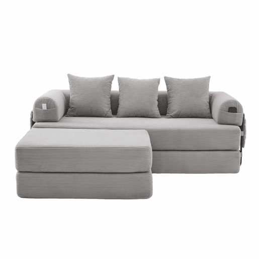 Sofá modular de 3 lugares - com pufe, estrutura metálica resistente, almofadas confortáveis, almofada extra grossa - cor cinza claro Sofá modular de 3 lugares - com pufe, estrutura metálica resistente, almofadas confortáveis, almofada extra grossa - cor cinza claro