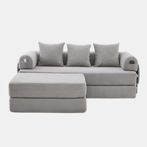 Sofá modular de 3 lugares - com pufe, estrutura metálica resistente, almofadas confortáveis, almofada extra grossa - cor cinza claro