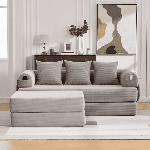 Sofá modular de 3 lugares - com pufe, estrutura metálica resistente, almofadas confortáveis, almofada extra grossa - cor cinza claro Sofá modular de 3 lugares - com pufe, estrutura metálica resistente, almofadas confortáveis, almofada extra grossa - cor cinza claro
