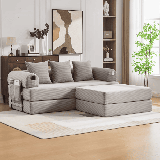 Sofá modular de 3 lugares - com pufe, estrutura metálica resistente, almofadas confortáveis, almofada extra grossa - cor cinza claro Sofá modular de 3 lugares - com pufe, estrutura metálica resistente, almofadas confortáveis, almofada extra grossa - cor cinza claro