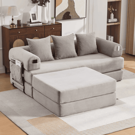 Sofá modular de 3 lugares - com pufe, estrutura metálica resistente, almofadas confortáveis, almofada extra grossa - cor cinza claro Sofá modular de 3 lugares - com pufe, estrutura metálica resistente, almofadas confortáveis, almofada extra grossa - cor cinza claro