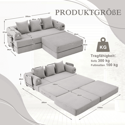 Sofá modular de 3 lugares - com pufe, estrutura metálica resistente, almofadas confortáveis, almofada extra grossa - cor cinza claro Sofá modular de 3 lugares - com pufe, estrutura metálica resistente, almofadas confortáveis, almofada extra grossa - cor cinza claro
