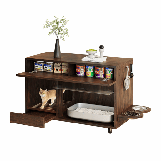 Armário para caixa de areia 100x45,5x67 cm - com comedouros e bandeja de areia - Nogal Armário para caixa de areia 100x45,5x67 cm - com comedouros e bandeja de areia - Nogal
