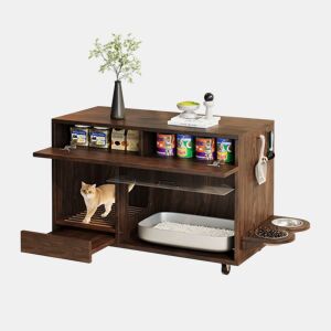 Armário para caixa de areia 100x45,5x67 cm - com comedouros e bandeja de areia - Nogal
