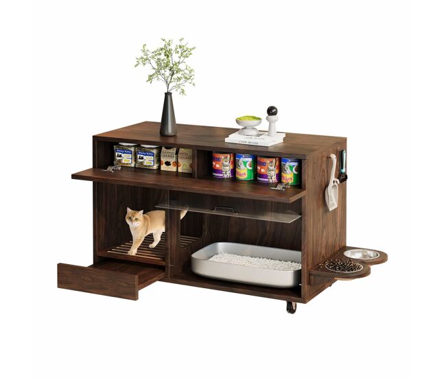 Armario para arenero 100x45,5x67 cm - con comederos y bandeja de arena - nogal