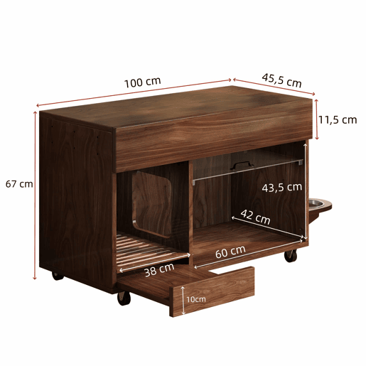 Armário para caixa de areia 100x45,5x67 cm - com comedouros e bandeja de areia - Nogal Armário para caixa de areia 100x45,5x67 cm - com comedouros e bandeja de areia - Nogal