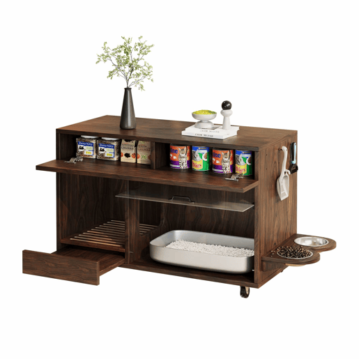Armário para caixa de areia 100x45,5x67 cm - com comedouros e bandeja de areia - Nogal Armário para caixa de areia 100x45,5x67 cm - com comedouros e bandeja de areia - Nogal