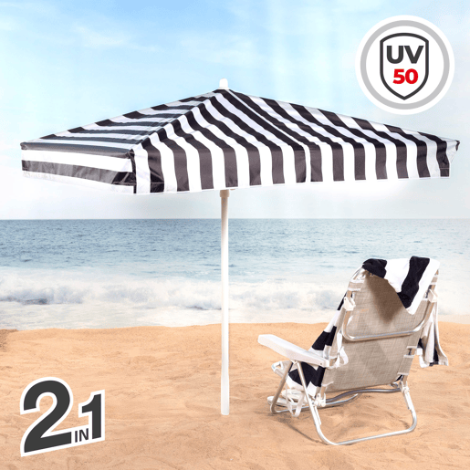 Aktive Guarda-sol de praia conversível em tenda, 145 cm, listras pretas e brancas Aktive Guarda-sol de praia conversível em tenda, 145 cm, listras pretas e brancas