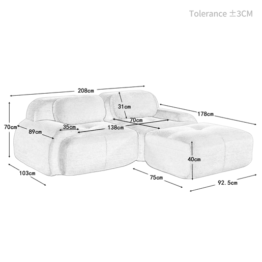 Sofá de Canto Modular em Veludo Cotelê com Chaise Longue e Braços Curvos (FLARECLAR) Sofá de Canto Modular em Veludo Cotelê com Chaise Longue e Braços Curvos (FLARECLAR)