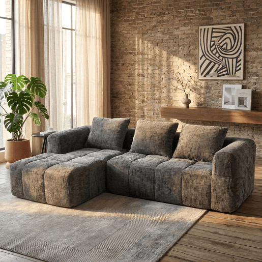 Sofá de Canto Modular em Chenille com Chaise Longue e Bolsos (INFINITEMOMEN) Sofá de Canto Modular em Chenille com Chaise Longue e Bolsos (INFINITEMOMEN)