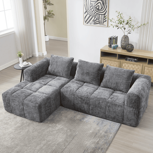 Sofá de Canto Modular em Chenille com Chaise Longue e Bolsos (INFINITEMOMEN) Sofá de Canto Modular em Chenille com Chaise Longue e Bolsos (INFINITEMOMEN)