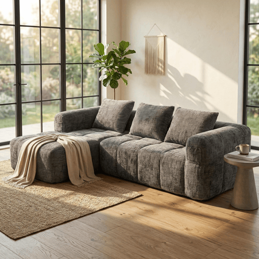 Sofá de Canto Modular em Chenille com Chaise Longue e Bolsos (INFINITEMOMEN) Sofá de Canto Modular em Chenille com Chaise Longue e Bolsos (INFINITEMOMEN)