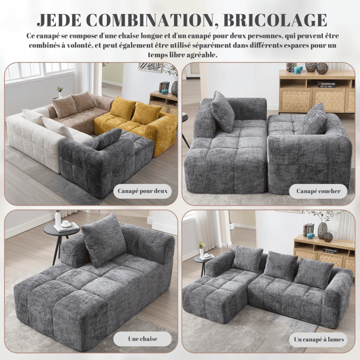 Sofá de Canto Modular em Chenille com Chaise Longue e Bolsos (INFINITEMOMEN) Sofá de Canto Modular em Chenille com Chaise Longue e Bolsos (INFINITEMOMEN)