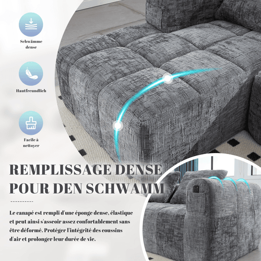 Sofá de Canto Modular em Chenille com Chaise Longue e Bolsos (INFINITEMOMEN) Sofá de Canto Modular em Chenille com Chaise Longue e Bolsos (INFINITEMOMEN)